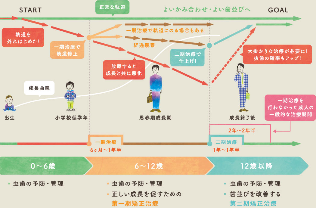 成長に合わせ一期治療、二期治療でよいかみ合わせ・よい歯並びへ